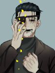 1boy alternate_costume black_eyes black_hair crying crying_with_eyes_open eyepatch facial_hair goatee golden_kamuy hair_slicked_back hair_strand hand_up male_focus ogata_hyakunosuke petals ri_(ri_kaos21) scar scar_on_cheek scar_on_face short_hair solo stitches stubble tears undercut upper_body winter_clothes 