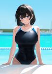  1girl bangs bare_shoulders bburi black_hair blue_eyes blush breasts cleavage competition_school_swimsuit covered_navel highres large_breasts looking_at_viewer mole mole_under_eye one-piece_swimsuit original pool poolside school_swimsuit short_hair solo swimsuit 