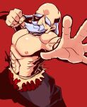  1boy abs beard black_pants breasts_day clenched_hand facial_hair grey_hair long_hair male_focus monk_(sekaiju) mustache naga_u pants pectorals red_background sekaiju_no_meikyuu sekaiju_no_meikyuu_3 simple_background solo thick_eyebrows topless_male 