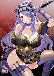  1girl armor bare_shoulders blush breasts camilla_(fire_emblem) cleavage closed_mouth fire_emblem fire_emblem_fates fire_emblem_heroes fishnets gloves hair_ornament hair_over_one_eye highres holding japanese_clothes kimono kunai large_breasts long_hair looking_at_viewer ninja official_alternate_costume official_alternate_hairstyle ponytail purple_eyes purple_hair scarf short_kimono simple_background smile solo tara_(szzj7733) thighhighs tiara very_long_hair wavy_hair weapon 