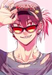  1boy adjusting_clothes adjusting_headwear arm_up bandaid bandaid_on_neck bangs baseball_cap biting black-framed_eyewear boku_no_hero_academia chain_necklace character_name collarbone commentary ear_piercing earrings english_commentary eyes_visible_through_hair fashion gear_earrings grin hair_between_eyes hand_on_headwear hat highres jewelry kirishima_eijirou lip_biting looking_at_viewer lowah male_focus multiple_rings necklace piercing pink_background red-tinted_eyewear red_eyes red_hair ring shade sharp_teeth shirt side_ponytail slit_pupils smile solo sparkle spiked_ear_piercing sticker sunglasses teeth tinted_eyewear torn_clothes torn_shirt tsurime twitter_username two-tone_background upper_body v-shaped_eyebrows white_background 