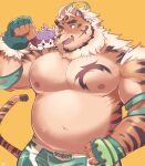  2boys ahoge animal_ears bara belly commentary_request film_grain furry furry_male gloves green_eyes green_gloves highres hombre_tigre_(housamo) large_pectorals looking_at_another male_focus master_4_(housamo) multiple_boys muscular muscular_male navel nipples orange_background pectorals plump sawch_cls short_hair solo_focus tail thick_eyebrows tiger_boy tiger_ears tiger_tail tokyo_afterschool_summoners upper_body white_hair wrestling_outfit 