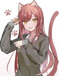  1girl absurdres animal_ears bangs blush cat_ears cat_tail grey_sweater highres idolmaster idolmaster_shiny_colors kemonomimi_mode long_hair long_sleeves looking_at_viewer open_mouth osaki_amana paw_pose red_hair school_uniform sleeves_past_wrists smile solo suyaya_oyasumi sweater swept_bangs tail yellow_eyes 