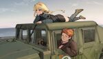  1boy 1girl animification axel_lamury bike_shorts black_hoodie black_shorts blonde_hair blue_eyes braid brown_footwear cloud driving english_commentary facial_hair floating_hair glasses grey_jacket grey_thighhighs ground_vehicle hair_behind_ear hair_intakes highres hood hood_down hoodie humvee indie_virtual_youtuber jacket lying motor_vehicle ocean on_vehicle real_life shoes shorts sidelocks sky smile sneakers stubble thighhighs virtual_youtuber whiskey_project xerbatt 