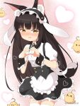  &gt;_&lt; 1girl ahoge animal animal_ear_fluff animal_ears apron azur_lane bird black_hairband black_skirt blush center_frills chick collared_shirt commentary_request cosplay fake_animal_ears fleur_de_lapin_uniform floppy_ears fox_ears fox_girl fox_tail frilled_hairband frilled_skirt frills gochuumon_wa_usagi_desu_ka? hairband heart heart_hands highres mitya nagato_(azur_lane) nose_blush parted_lips puffy_short_sleeves puffy_sleeves rabbit_ears shirt short_sleeves skirt solo tail thighhighs twitter_username uniform waist_apron waitress wavy_mouth white_apron white_shirt white_thighhighs wrist_cuffs 