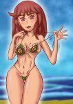  absurdres ass_visible_through_thighs bikini bikini_pull breast_lift breasts clothes_pull dralliteration flower_bikini green_bikini groin highres lifted_by_self non-web_source original pulled_by_self red_eyes red_hair standing stomach swimsuit thigh_gap thighs 