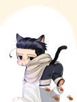  1boy all_fours animal_ears animal_hands ass black_eyes black_hair cat_boy cat_ears cat_tail chibi facial_hair from_behind goatee golden_kamuy hair_slicked_back hair_strand highres kemonomimi_mode looking_at_viewer male_focus ogata_hyakunosuke ri_(ri_kaos21) scar scar_on_cheek scar_on_face short_hair solo stitches stubble tail tail_raised undercut 