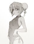  1girl aisaka_taiga bare_shoulders blush breasts bun_cover china_dress chinese_clothes cowboy_shot double_bun dress greyscale hair_bun highres looking_at_viewer monochrome open_mouth panties side-tie_panties side_slit simple_background small_breasts solo sweat toradora! underwear xiaobang 