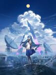  1girl arm_armor bandage_over_one_eye bangs barefoot blue_hair blue_sky brick cast cloud cloudy_sky commentary full_moon halo highres kurohal long_hair looking_at_viewer moon on_roof original outdoors radar rooftop scenery sky solo standing town two-tone_dress wings wrist_guards 