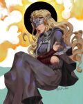  blonde_hair capelet chinh_dwc crossed_arms dark_souls_(series) dark_souls_iii dress english_commentary fire_keeper grey_capelet grey_dress hair_behind_ear highres hood hooded_capelet invisible_chair long_hair mask parted_lips realistic sitting twitter_username very_long_hair 