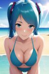  1girl ai-generated beach bikini blue_eyes blue_hair cowboy_shot hatsune_miku highres non-web_source smile swimsuit twintails vocaloid water wet 