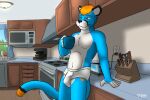  anthro appliance barefoot black_nose blue_body blue_fur briefs briefs_only bulge clothed clothing coffee_cup container cup curtains electrical_outlet feet fur hair hi_res inside kitchen_appliance knife lamp male merakburr microwave_oven orange_hair sink skitchen smile solo stove tan_body tan_fur tighty_whities toaster topless underwear underwear_only whiskers white_briefs white_clothing white_underwear wood_floor yellow_eyes 