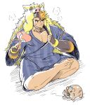  1boy alternate_costume animal_hood bara boar_boy boar_hood body_fur brown_hair commentary_request cross-laced_sleeves facial_hair full_body genji_(gentei97) goatee gullinbursti_(housamo) hand_fan highres holding holding_fan hood hot indian_style japanese_clothes jinbei_(clothes) large_pectorals male_focus mosquito_coil muscular muscular_male pectoral_cleavage pectorals short_hair sitting solo steam sweat tokyo_afterschool_summoners tusks 