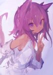  1girl absurdres animal_ears bare_shoulders closed_mouth detached_sleeves dress hand_up highres kaamin_(mariarose753) long_hair long_sleeves looking_at_viewer original purple_eyes purple_hair sketch solo tail v white_dress white_sleeves 