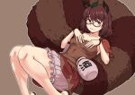  1girl :3 animal_ears bangs brown_background brown_eyes brown_hair brown_shirt brown_skirt closed_mouth futatsuiwa_mamizou glasses gourd kakone leaf leaf_on_head looking_at_viewer outline raccoon_ears raccoon_girl raccoon_tail shirt short_hair short_sleeves simple_background skirt smile solo tail touhou white_outline 