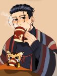 1boy alternate_costume animal_print animalization black_eyes black_hair blush casual cat_print chibi cup facial_hair goatee golden_kamuy hair_slicked_back hair_strand holding holding_cup looking_at_viewer male_focus ogata_hyakunosuke paw_print ri_(ri_kaos21) scar scar_on_cheek scar_on_face short_hair sitting sitting_on_lap sitting_on_person steam stitches stubble undercut upper_body winter_clothes 