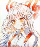  1girl bangs blush bow closed_mouth collared_shirt commentary_request fujiwara_no_mokou hair_bow hand_up highres long_hair long_sleeves looking_at_viewer red_bow red_eyes shikishi shirt smile solo suspenders touhou traditional_media two-tone_bow upper_body waramori_fuzuka white_bow white_hair white_shirt wing_collar 