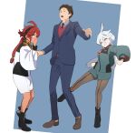  1boy 2girls absurdres ahoge aqua_eyes asticassia_school_uniform black_footwear boots brown_eyes brown_footwear brown_hair clenched_hands dress_shirt formal gundam gundam_hathaway&#039;s_flash gundam_suisei_no_majo hand_on_own_face hathaway_noa highres kicking long_hair low_ponytail miorine_rembran multiple_girls necktie pants pantyhose red_hair school_uniform shirt short_hair shorts suit suletta_mercury vest white_eyes white_hair yorozu_(user_auaz7473) 