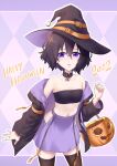  1girl absurdres brown_hair brown_thighhighs glasses halloween halloween_costume hat highres jack-o&#039;-lantern jacket long_sleeves lusan666 midriff navel open_clothes open_jacket open_mouth original pumpkin purple_eyes purple_skirt skirt stomach thighhighs witch witch_hat 