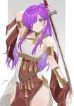  1girl armlet bangs bare_shoulders blush bracelet breasts circlet cleavage closed_mouth dancer dancer_(three_houses) dress earrings fire_emblem fire_emblem:_three_houses fire_emblem_warriors:_three_hopes hair_bun hair_over_one_eye highres jewelry large_breasts long_hair looking_at_viewer miaxkr midriff navel purple_eyes purple_hair shez_(fire_emblem) shez_(fire_emblem)_(female) simple_background single-shoulder_dress single_hair_bun smile solo sword weapon 