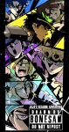  1girl 6+boys absurdres bandana black_background black_hair black_jacket blonde_hair blue_eyes blue_hair blue_hoodie bonesaw_(artist) brown_hair chain earrings giorno_giovanna green_eyes green_hair hat heterochromia higashikata_josuke higashikata_josuke_(jojolion) highres hood hoodie horseshoe horseshoe_hat_ornament jacket jewelry johnny_joestar jojo_no_kimyou_na_bouken jonathan_joestar joseph_joestar joseph_joestar_(young) kujo_jolyne kujo_jotaro looking_at_another looking_at_viewer medium_hair military_hat multiple_boys multiple_monochrome open_clothes open_mouth panels pink_jacket pompadour popped_collar purple_eyes sailor_hat serious shine short_hair sidelocks sideways_glance smile 