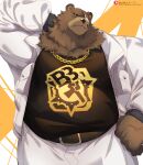  2022 absurd_res anthro belly ben_(zenless_zone_zero) black_clothing black_shirt black_topwear booboo34 brown_body brown_fur chain_necklace clothing eye_scar facial_scar fur hi_res jacket jewelry looking_at_viewer looking_down_at_viewer male mammal mihoyo necklace overweight overweight_male scar shirt simple_background solo topwear ursid video_games white_clothing white_jacket white_topwear zenless_zone_zero 