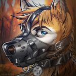  1:1 2021 anthro artist_name black_collar blue_eyes brown_nose bust_portrait canid cheek_tuft collar dated dipstick_ears facial_tuft fur glistening glistening_eyes inner_ear_fluff looking_at_viewer male mammal multicolored_ears muzzle_(object) muzzled neck_tuft orange_body orange_fur orange_inner_ear_fluff outside plant portrait slash_freezen solo tenarion tree tuft white_body white_fur 
