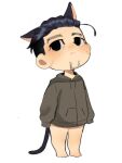  1boy animal_ears black_eyes black_hair blush body_blush bottomless cat_boy cat_ears cat_tail chibi ear_down facial_hair goatee golden_kamuy hair_slicked_back hair_strand head_tilt looking_up male_focus naked_shirt ogata_hyakunosuke ri_(ri_kaos21) scar scar_on_cheek scar_on_face shirt short_hair solo stitches stubble tail undercut 