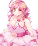  1girl alternate_costume alternate_hairstyle bare_shoulders bow breasts brown_eyes cleavage collarbone dress flower highres jewelry large_breasts long_hair looking_at_viewer macross macross_delta makina_nakajima necklace pearl_necklace pink_bow pink_flower pink_hair smile solo strapless strapless_dress tomomon_(badatomo) upper_body white_background wrist_cuffs yellow_flower 