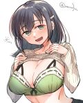  1girl black_skirt blue_hair blush bra breasts drunk green_bra green_eyes highres kantai_collection large_breasts long_hair looking_at_viewer matsunaga_(haku) medium_hair official_alternate_costume open_mouth ribbed_shirt shirt skirt solo souryuu_(kancolle) turtleneck underwear upper_body 