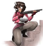  1girl absurdres black_hair blue_eyes bob_cut breasts brown_hair closed_mouth commentary dark-skinned_female dark_skin gun gunsmith_cats highres medium_breasts one_knee panties pantyhose rally_vincent short_hair shotgun smile solo underwear videajames weapon white_panties 