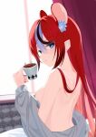  1girl absurdres animal_ear_fluff animal_ears back bare_back bare_shoulders bite_mark blue_eyes blush breasts cup curtains hakos_baelz hand_up highres holding holding_cup hololive hololive_english jiang_ye_kiri large_breasts long_hair mouse_ears mouse_girl multicolored_hair off_shoulder red_hair shirt sideboob solo streaked_hair tea teacup very_long_hair white_shirt window 