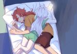  2girls absurdres ahoge alternate_hairstyle barefoot bed casual cellphone closed_eyes feet gundam gundam_suisei_no_majo highres indoors kyouno long_hair looking_at_phone lying_on_person miorine_rembran multiple_girls phone pillow red_hair shirt shorts sleeping smartphone soles suletta_mercury t-shirt thick_eyebrows toes white_hair yuri 
