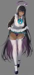  1girl absurdres bangs black_footwear black_hair blue_archive blush breasts cameltoe clothes_pull dark-skinned_female dark_skin frills full_body gaitoou gloves groin halo highres karin_(blue_archive) lifted_by_self long_hair looking_at_viewer maid_headdress panties pantyhose pantyhose_pull purple_hair purple_panties see-through_panties solo sweatdrop underwear very_long_hair white_gloves white_pantyhose yellow_eyes 