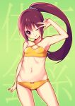  1girl :q arm_up armpits bikini breasts brown_eyes brown_hair jinsei long_hair looking_at_viewer navel one_eye_closed ponytail small_breasts smile solo suzuki_ikumi_(jinsei) swimsuit thighs tongue tongue_out ukokkei v yellow_bikini 