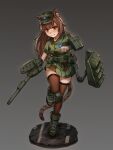  1girl absurdres adapted_turret animal_ears asymmetrical_sleeves black_thighhighs boots breasts brown_eyes brown_hair camouflage camouflage_jacket camouflage_skirt cannon chance8000 green_footwear ground_vehicle highres jacket knee_pads long_hair m48_patton machinery mecha_musume medium_breasts military military_vehicle miniskirt motor_vehicle original personification pleated_skirt single_knee_pad skirt smile solo tail tank thighhighs tiger_ears tiger_girl tiger_tail very_long_hair 