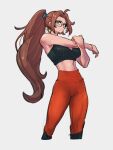 1girl alternate_costume alternate_hairstyle android_21 blue_eyes breasts dragon_ball dragon_ball_fighterz earrings glasses grey_background hoop_earrings jewelry kemachiku long_hair looking_at_viewer medium_breasts ponytail simple_background solo standing 