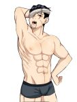  1boy bandage_over_one_eye black_eyes black_hair boxers bulge facial_hair feet_out_of_frame goatee golden_kamuy grey_male_underwear hair_slicked_back hair_strand highres inverted_nipples male_focus male_underwear ogata_hyakunosuke pectorals ri_(ri_kaos21) scar scar_on_cheek scar_on_face short_hair solo stitches stubble toned toned_male topless_male undercut underwear underwear_only yawning 