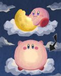  arrow_(symbol) closed_mouth cloud commentary_request eating food food_on_face glowing highres holding holding_food kirby kirby_(series) miclot moon no_humans sitting_on_cloud sky 
