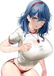  1girl :o absurdres ako_(blue_archive) bangs blue_archive blue_eyes blue_hair blush breasts buruma commentary_request gym_shirt gym_shorts gym_uniform hair_between_eyes hair_ornament highres large_breasts looking_at_viewer medium_hair namazu_(yamasonson) parted_lips red_buruma shirt short_sleeves shorts simple_background solo sweat whistle whistle_around_neck white_background white_shirt 