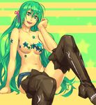  arm_support bad_id bad_pixiv_id bow breasts green_hair hair_bow hatsune_miku long_hair medium_breasts navel pasties sitting smile solo star star_pasties thighhighs vocaloid yuuji_(and) 