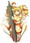  blonde_hair breasts brown_eyes choker fantasy_earth_zero feathers long_hair lying medium_breasts nipples open_mouth panties shirt_pull solo spread_legs super_zombie sword thighhighs topless twintails underwear weapon wings 