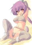  ankle_cuffs armpits barefoot belt blush breasts brown_eyes cameltoe chain covered_nipples cuffs elbow_gloves fangs feet gloves kourourin large_breasts long_hair original purple_hair solo spread_legs tail thighhighs toeless_legwear underboob 