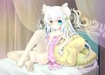  animal_ears bed bracelet cat_ears feet heterochromia jewelry no_shoes original pillow ring solo thighhighs touko_(tokotoko) white_hair white_legwear 