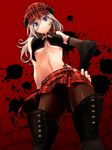  alisa_ilinichina_amiella bare_shoulders blue_eyes boots breasts eitarou_(kaminari_neko) elbow_gloves fingerless_gloves from_below frown gloves god_eater god_eater_burst grey_hair hat highres large_breasts long_hair midriff navel pantyhose plaid plaid_skirt skirt solo suspender_skirt suspenders thigh_boots thighhighs underboob 