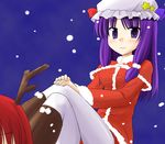  antlers christmas crossed_legs kazami_ruku koakuma multiple_girls pantyhose patchouli_knowledge santa_costume sitting snowing touhou white_legwear 