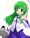  blood blush detached_sleeves frog_hair_ornament gohei green_eyes green_hair hair_ornament kazami_ruku kochiya_sanae long_hair multiple_girls nazrin open_mouth simple_background smile sparkle touhou 