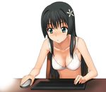  a1 aqua_eyes black_hair blush bra breasts cleavage hair_ornament keyboard_(computer) leaning_forward lingerie long_hair medium_breasts mouse_(computer) saten_ruiko solo sweat to_aru_kagaku_no_railgun to_aru_majutsu_no_index underwear underwear_only white_bra 