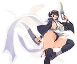  black_hair black_legwear blue_eyes breasts curvy dual_wielding highleg highleg_panties holding huge_breasts iroha_(samurai_spirits) long_hair maid_headdress open_mouth panties ryoji_(nomura_ryouji) samurai_spirits sideboob smile solo sword thighhighs underwear weapon 