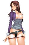  a1 belt blush breasts brown_eyes brown_hair idolmaster idolmaster_dearly_stars jacket large_breasts nipples open_clothes open_jacket ozaki_reiko panties panty_pull pubic_hair solo underwear undressing 